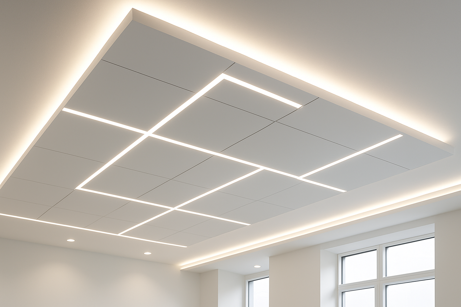 hazme imagenes de techos falsos con led y de interiores de obras con plkaco